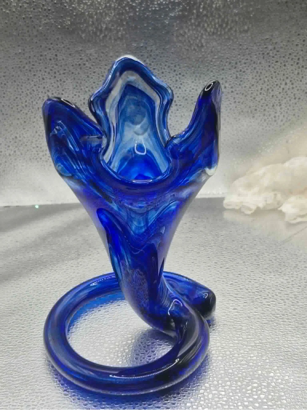 Vintage MCM Cobalt Blue Art Glass Trumpet Vase Swung Design by Sooner / Ozark Co